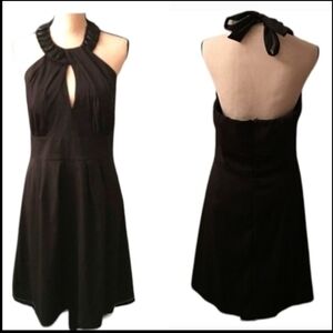 Donna Ricci Y2K Black satin keyhole beaded necklace style midi halter dress Sz 8
